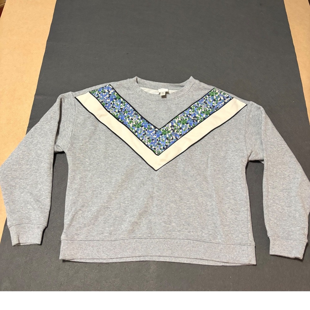 Maeve Sweatshirt Womens M Gray Floral Chevron Crew Neck Top Anthropologie Core